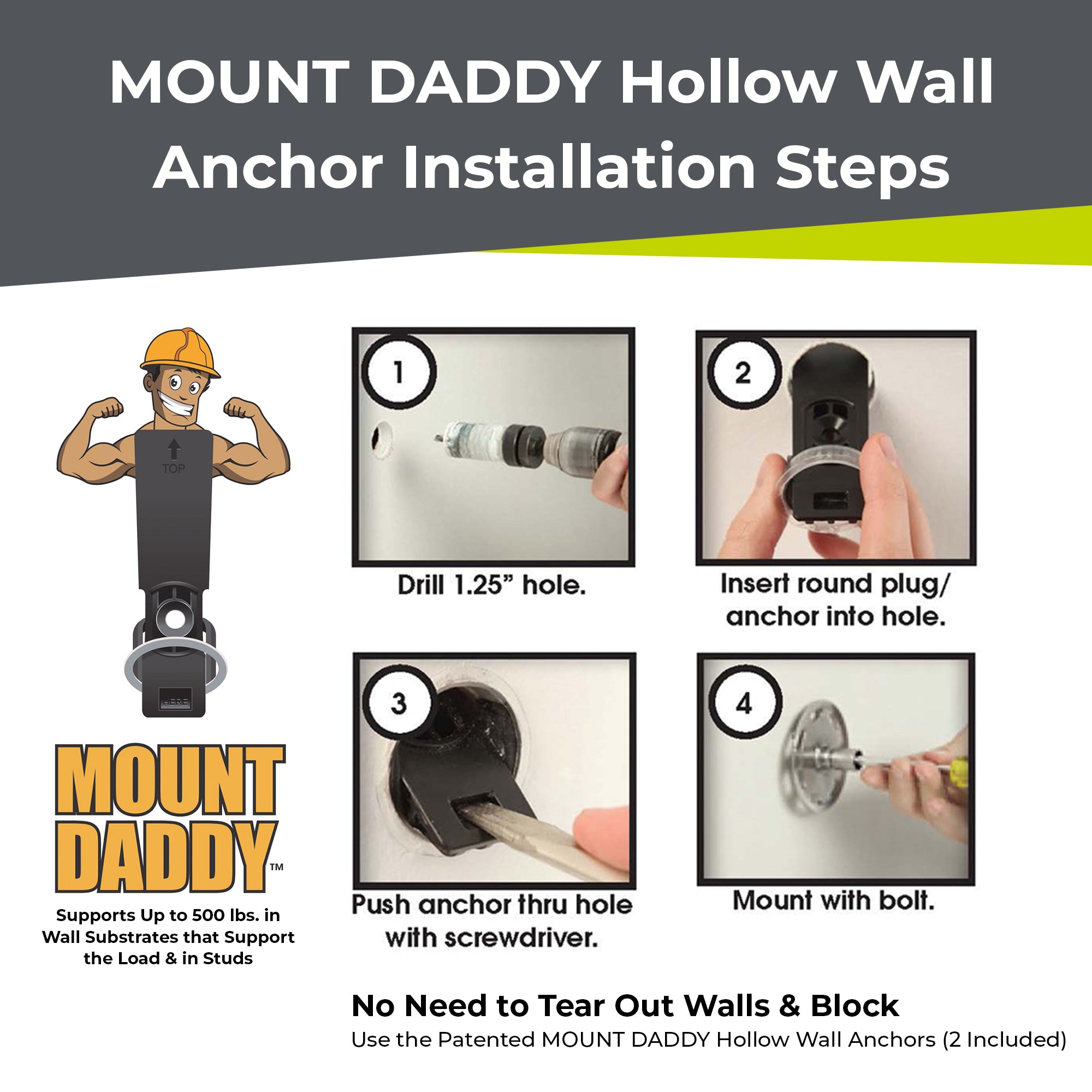 "MOUNT DADDY" BEHIND-THE-WALL FASTENER WITH ELASTOMERIC SNAP BACK BAND