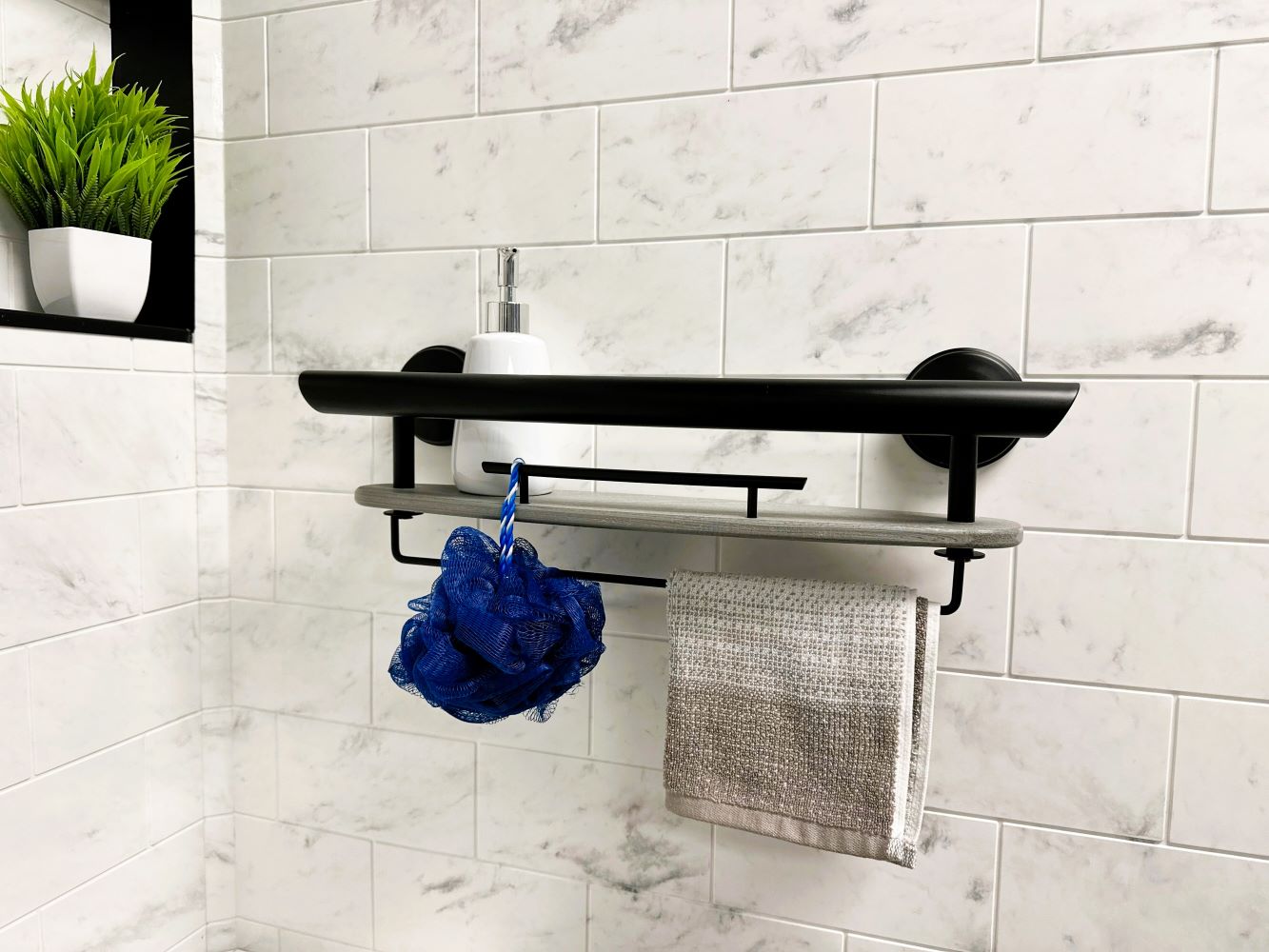 3-IN-1 GRAB BAR / SHAMPOO SHELF / WASHCLOTH BAR WITH EZ CLEAN GRIPS, ANGLED ENDS AND 2 FREE MOUNT DADDY HOLLOW WALL FASTENERS Matte Black