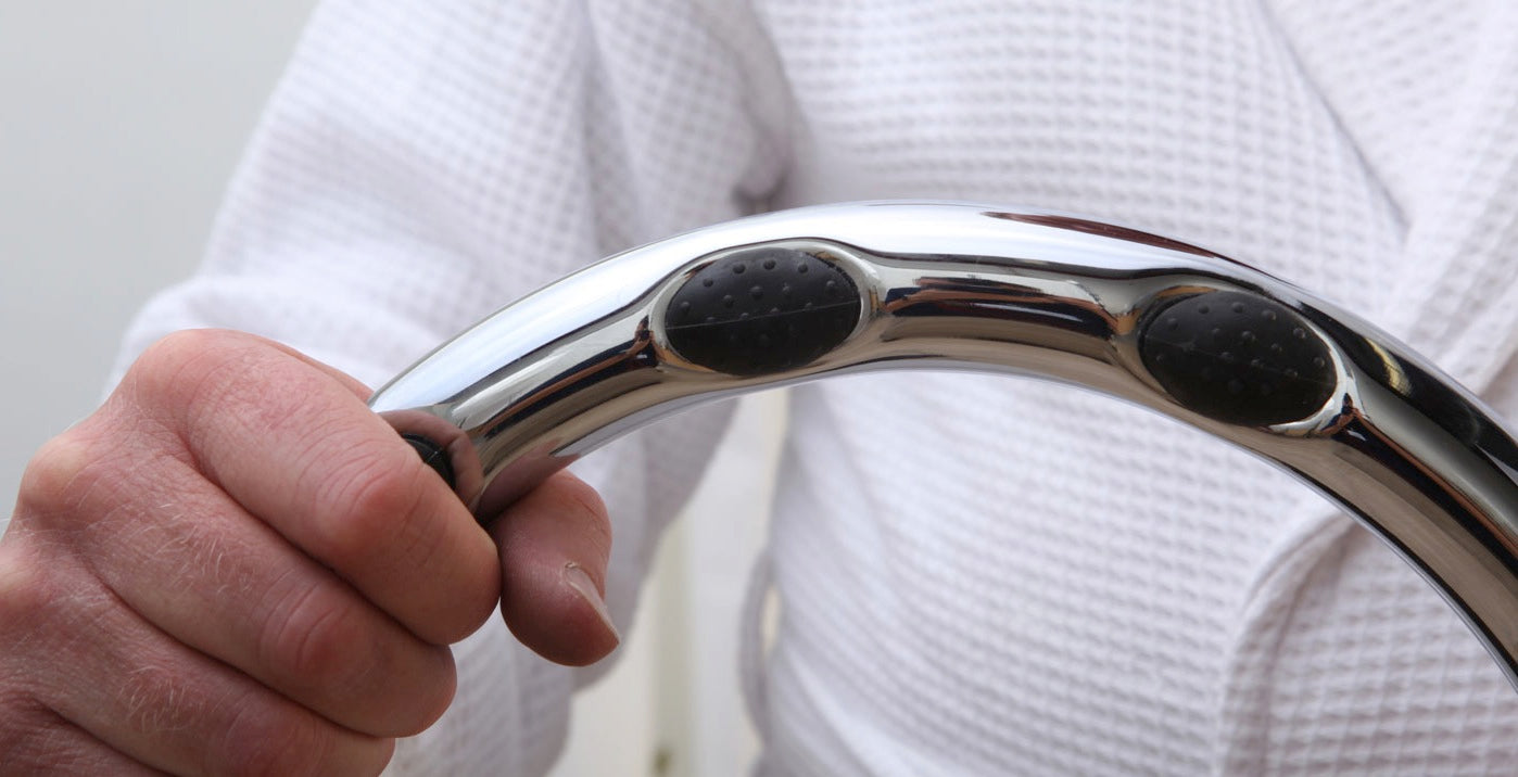 Grabcessories by LiveWell 2-in-1 tub/shower grab bars ring in modern bathroom, chrome grips