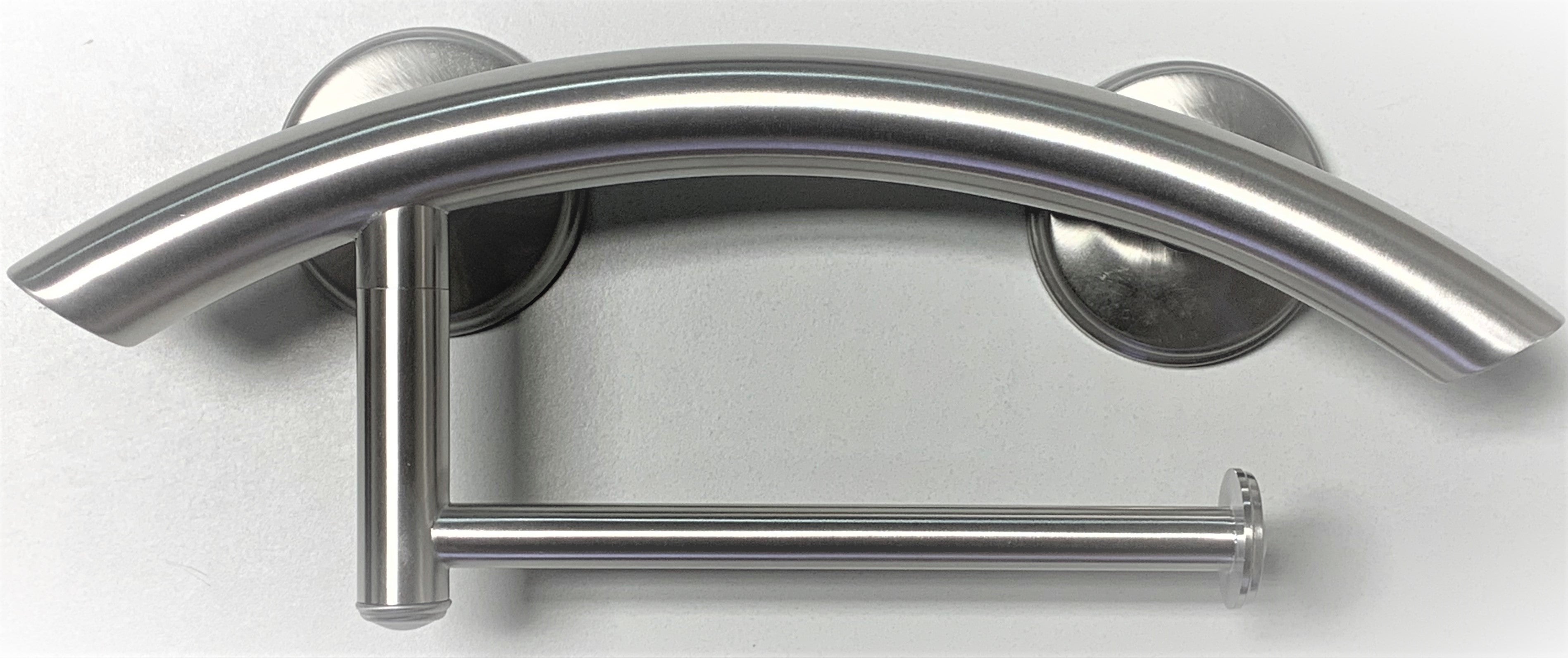 3-in-1 arched grab bars designed as a toilet paper holder or hand towel bar with EZ Clean rubber nubby grips for safety and stability.
